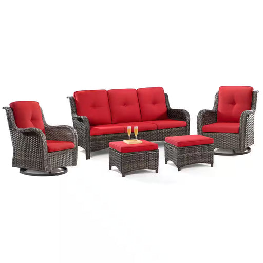 5-Piece Wicker Outdoor Patio Seating Set Sectional Sofa with Swivel Rocking Chair, Ottomans and Red Cushions